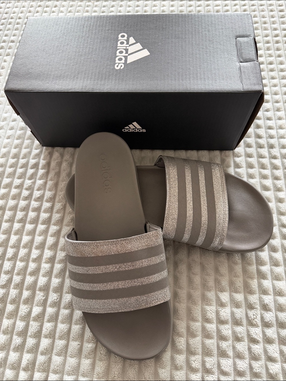 adidas Grey Glitter Adilette Slides